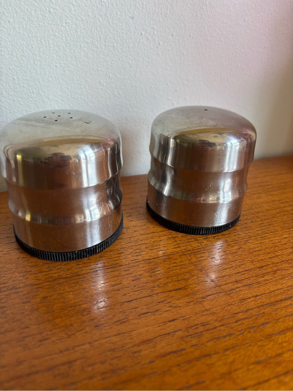 Mid century minimalist stainless steel salt and pepper shakers